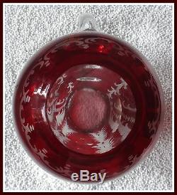 RUBY RED Pitcher Decanter Flashed + CUT TO CLEAR CRYSTAL Bohemian DEER Czech