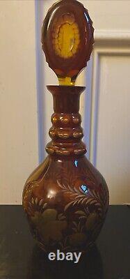 Rare Amber Cut Glass Decanterunique Stopper Flower & Leaves Patter 14