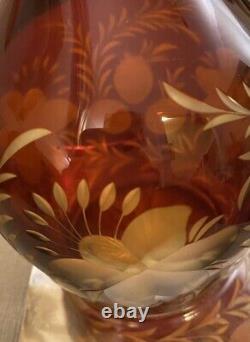 Rare Amber Cut Glass Decanterunique Stopper Flower & Leaves Patter 14