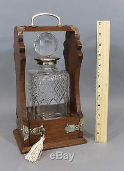 Rare Antique Victorian Cut Glass Decanter Bottle Quartered Oak Tantalus Carrier