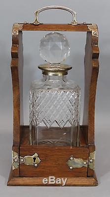 Rare Antique Victorian Cut Glass Decanter Bottle Quartered Oak Tantalus Carrier