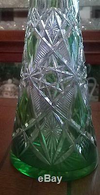 Rare Baccarat Emerald Green Cut To Clear Decanter, 15.4 Tall Antique Crystal