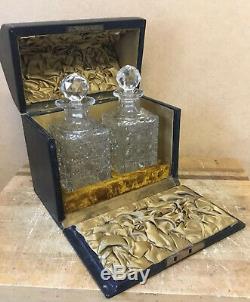 Rare Unusual Victorian Antique Cut Glass Small Leather Fitted Decanter Box