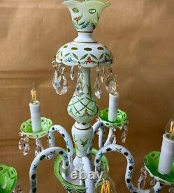 Rare Vintage Bohemian Opaque White Cut to Green Floral Accents 5 Arm Chandelier