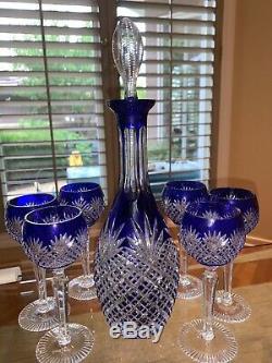 Rexxford Bohemian Blue Cased Cut To Clear Crystal 15 1/2 Decanter & 6 Goblets