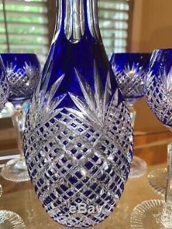 Rexxford Bohemian Blue Cased Cut To Clear Crystal 15 1/2 Decanter & 6 Goblets
