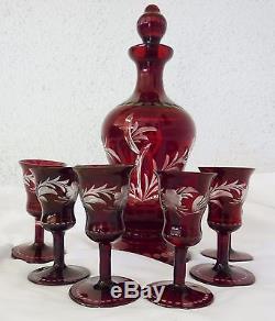 Ruby Bohemian Glass Drink Wine Set Antique Decanter 6 Glasses Cut Clear Czech