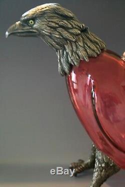 Ruby Glass And Silver Plated Metal Claret Jug / Decanter In The Form Of Eagle