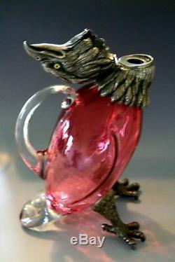 Ruby Glass And Silver Plated Metal Claret Jug / Decanter In The Form Of Eagle