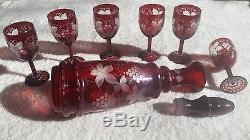 Ruby Red Cut To Clear Crystal Decanter with Glasses