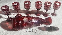 Ruby Red Cut To Clear Crystal Decanter with Glasses