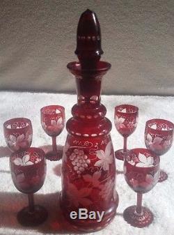 Ruby Red Cut To Clear Crystal Decanter with Glasses