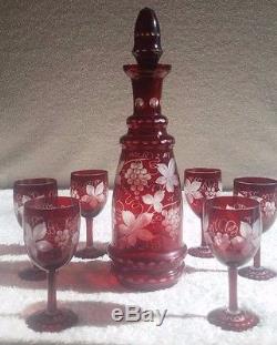 Ruby Red Cut To Clear Crystal Decanter with Glasses