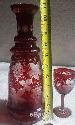 Ruby Red Cut To Clear Crystal Decanter with Glasses