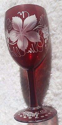 Ruby Red Cut To Clear Crystal Decanter with Glasses