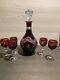Ruby Red Cut To Clear Decanter With 5 Glasses Bohemian Style Withclear Stopper