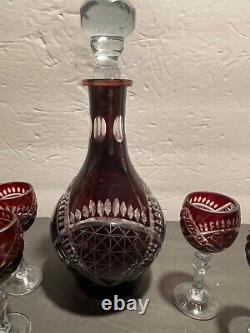 Ruby Red Cut to Clear Decanter with 5 Glasses Bohemian Style WithClear Stopper