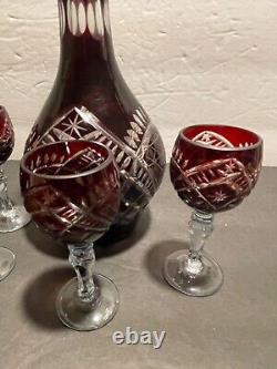 Ruby Red Cut to Clear Decanter with 5 Glasses Bohemian Style WithClear Stopper
