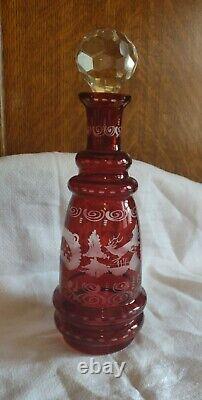 Ruby Red Cut to Clear Glass Crystal Bohemian Czech Decanter Bottle VTG Stopper