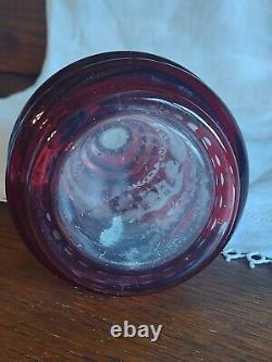 Ruby Red Cut to Clear Glass Crystal Bohemian Czech Decanter Bottle VTG Stopper