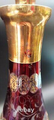 Ruby Red Czech Bohemian Egermann Paneled Etched Cut to Clear Glass Decanter