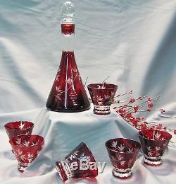 Ruby Red Hand Cut Glass Decanter Set with 6 Liqueur Glasses