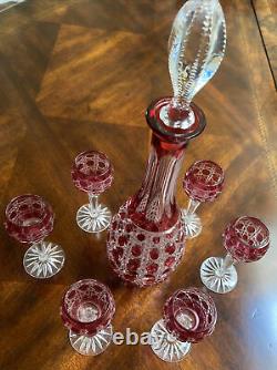 Russian Court Golden Red Cut to Clear Crystal Decanter with 6 Cordials