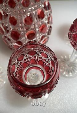 Russian Court Golden Red Cut to Clear Crystal Decanter with 6 Cordials