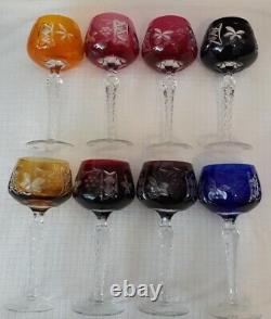 SET 8 BOHEMIAN CZECH CUT TO CLEAR CRYSTAL WINE Glass Goblets Hocks Multi Color