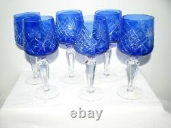 SIX Vintage BLUE Cut to Clear Crystal WINE Goblet Germany glasses