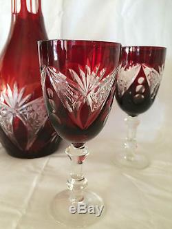 Stunning 13 Cut To Clear Glass Ruby Red Decanter + 5.25 Cordial Set Fan +2 Avl