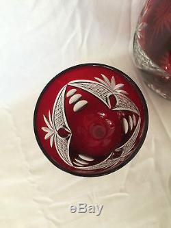 Stunning 13 Cut To Clear Glass Ruby Red Decanter + 5.25 Cordial Set Fan +2 Avl