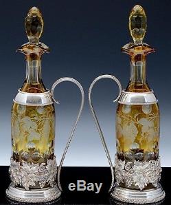 Superb Pair Edwardian Barker Ellis Silver Plate And Amber Cut Glass Decanters