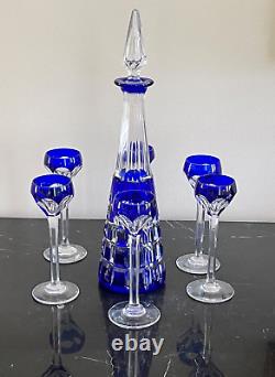 Saint Louis Crystal Cobalt Blue Cut to Clear Decanter & 6 Cordial Liquor Glasses