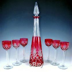 Saint Louis French Crystal Liquor Set Massenet Decanter Glasses Red Cut to Clear