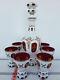 Scarce Bohemian Decanter Set With6 Cordials White Enamel Cut To Cranberry