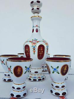 Scarce Bohemian Decanter Set With6 Cordials White Enamel Cut To Cranberry