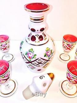 Scarce Czech Bohemian Moser Decanter With6 Cordials White Enamel Cut To Cranberry