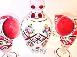 Scarce Czech Bohemian Moser Decanter With6 Cordials White Enamel Cut To Cranberry
