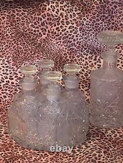 Set 4 Vintage Cut Glass Decanters Lid Purple Sun Tint Crystal Holder