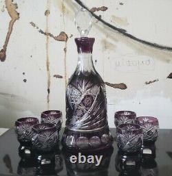 Set 8 Czech Bohemian Crystal Cut To Clear Amethyst Purple Decanter Glasses Bell