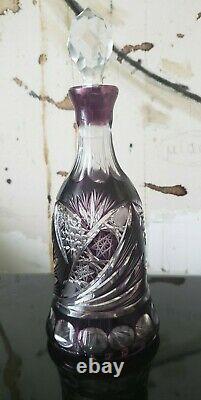 Set 8 Czech Bohemian Crystal Cut To Clear Amethyst Purple Decanter Glasses Bell
