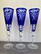 Set Of 3 Bohemian Cobalt Blue Cut To Crystal Scalloped Etched Champagne Flutes