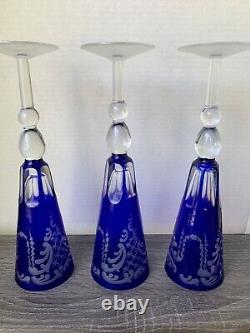 Set Of 3 Bohemian Cobalt Blue Cut to Crystal Scalloped Etched Champagne Flutes
