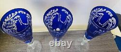 Set Of 3 Bohemian Cobalt Blue Cut to Crystal Scalloped Etched Champagne Flutes