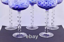 Set Of 5 Ajka Bohemian Crystal Cut To Clear Cobalt Blue 7-5/8 Wine Hocks Mint