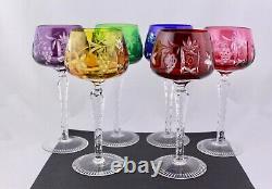Set Of 6 Ajka/bohemian Crystal Cut To Clear Multicolor Hock Wine Goblets Mint