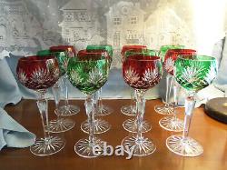 Set of 12 red & green Ajka Caroline cut to clear wine glasses