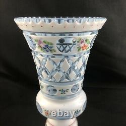 Set of 2 Czech Bohemian Cased White Overlay Cut to Blue Flowers 9 7/8 Vase
