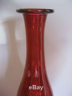 Set of 2 Vintage Cranberry Cut to Clear Glass Decanters with Diamond Cut Stoppers
